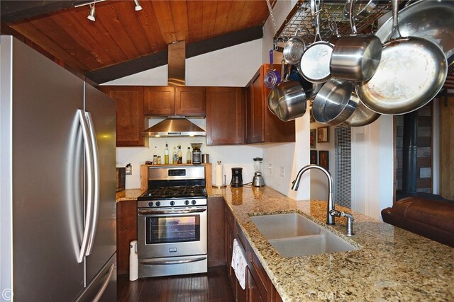 kitchen featuring sink, dark wood-type flooring, stainless steel appliances, range hood, and vaulted ceiling