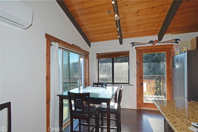 dining space with a wall mounted air conditioner, dark hardwood / wood-style flooring, lofted ceiling with beams, and wood ceiling