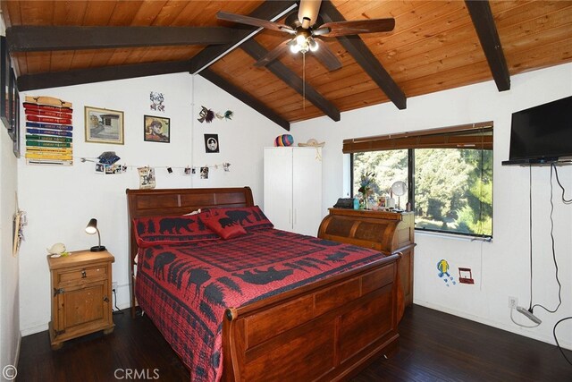 bedroom featuring vaulted ceiling with beams, ceiling fan, wood ceiling, and dark hardwood / wood-style floors