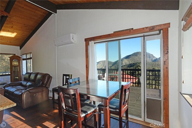 dining area featuring a mountain view, wooden ceiling, lofted ceiling with beams, a wall mounted AC, and wood-type flooring