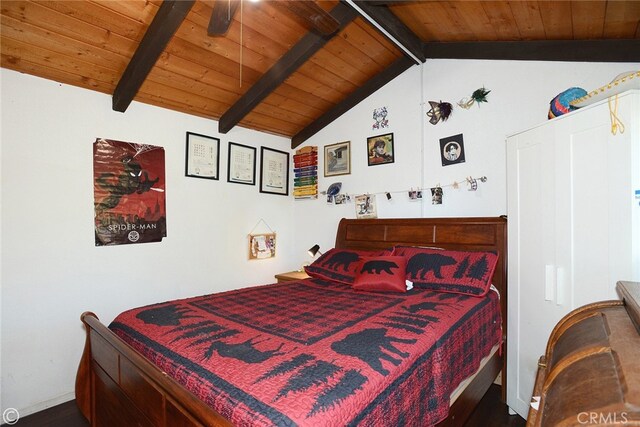 bedroom with vaulted ceiling with beams, ceiling fan, and wood ceiling