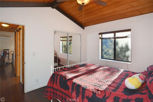 bedroom featuring ceiling fan, dark hardwood / wood-style floors, wood ceiling, and lofted ceiling with beams