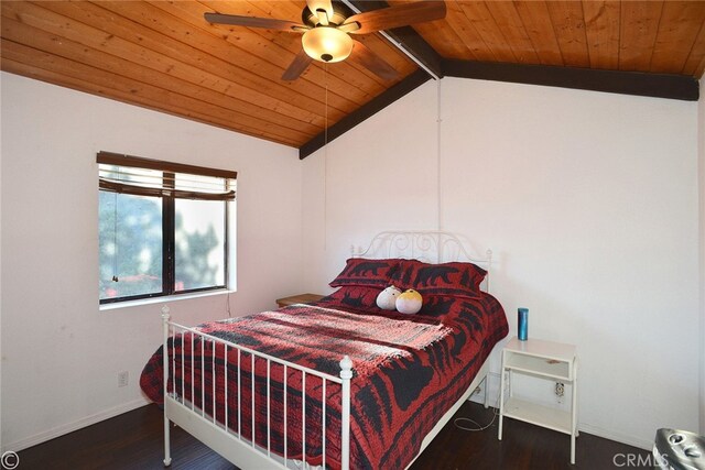 bedroom featuring lofted ceiling with beams, ceiling fan, dark hardwood / wood-style flooring, and wooden ceiling