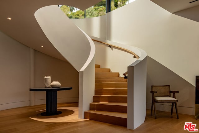 staircase featuring hardwood / wood-style flooring