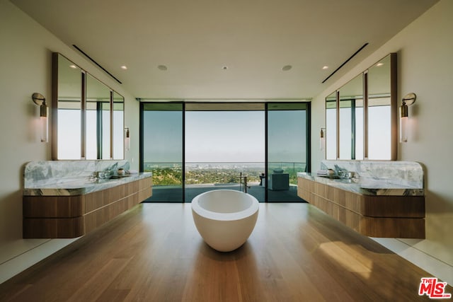 bathroom featuring hardwood / wood-style flooring, vanity, and tasteful backsplash