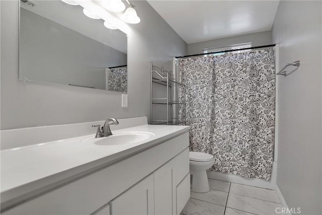 bathroom with marble finish floor, visible vents, a shower with shower curtain, toilet, and vanity