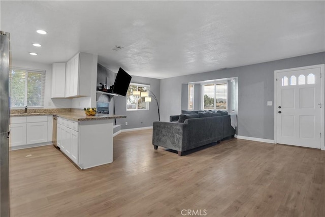 living area with light wood finished floors, baseboards, and a healthy amount of sunlight