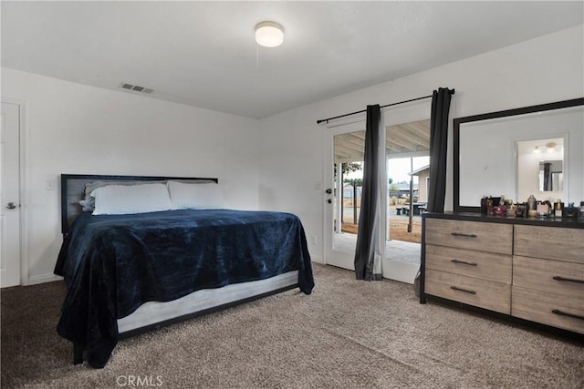 bedroom with light carpet, access to exterior, visible vents, and baseboards
