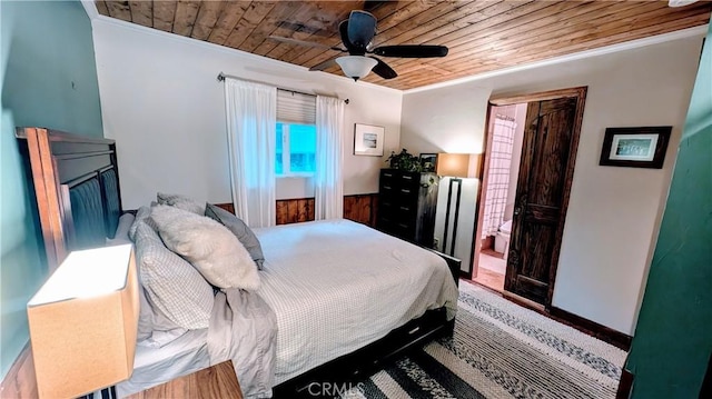 bedroom with ceiling fan, wood ceiling, and ornamental molding