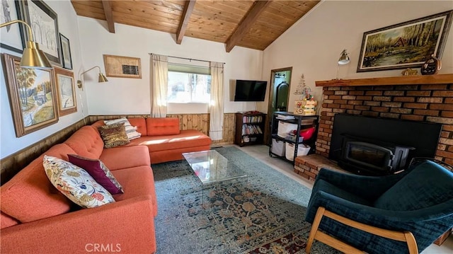 2552 Catalina Dr, Running Springs, CA 92382 - living area with a wood stove, wainscoting, lofted ceiling with beams, and wood ceiling