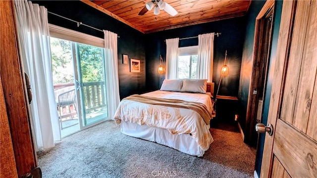 2552 Catalina Dr, Running Springs, CA 92382 - bedroom with access to exterior, wooden ceiling, a ceiling fan, and carpet floors