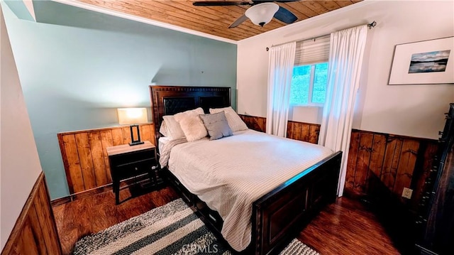 2552 Catalina Dr, Running Springs, CA 92382 - bedroom featuring wooden ceiling, ornamental molding, wooden walls, wainscoting, and wood finished floors