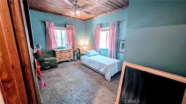 2552 Catalina Dr, Running Springs, CA 92382 - carpeted bedroom with wooden ceiling and a ceiling fan
