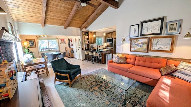 living room with ceiling fan, sink, high vaulted ceiling, wooden ceiling, and beamed ceiling