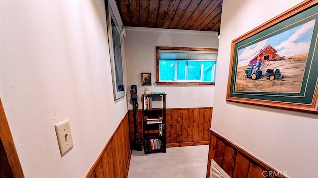 2552 Catalina Dr, Running Springs, CA 92382 - hallway featuring wooden ceiling, wood walls, and wainscoting