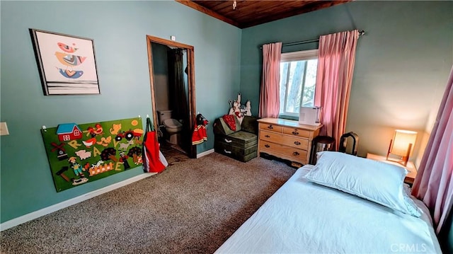 bedroom featuring carpet floors and wood ceiling