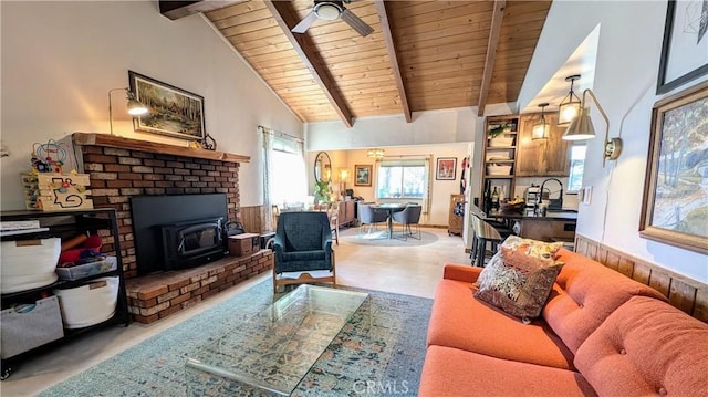 living room featuring a wood stove, wooden ceiling, sink, ceiling fan, and beam ceiling