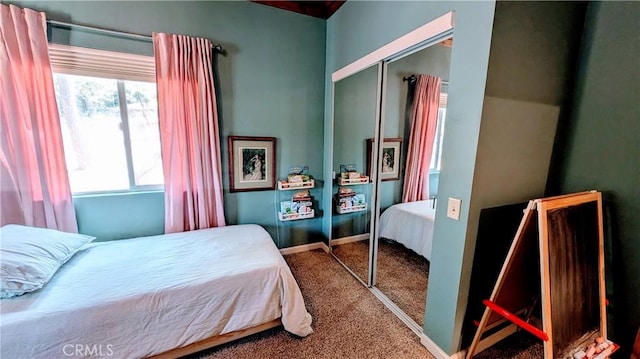 bedroom featuring carpet flooring and a closet