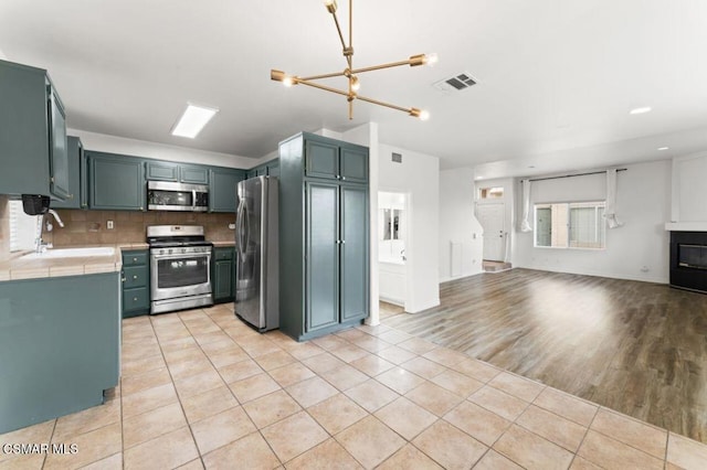 kitchen featuring sink, stainless steel appliances, an inviting chandelier, backsplash, and light wood-type flooring