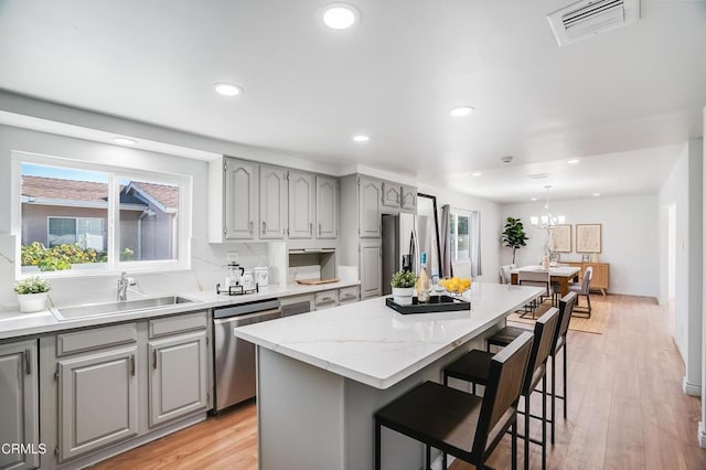 kitchen featuring backsplash, a kitchen island, sink, light hardwood / wood-style flooring, and stainless steel appliances