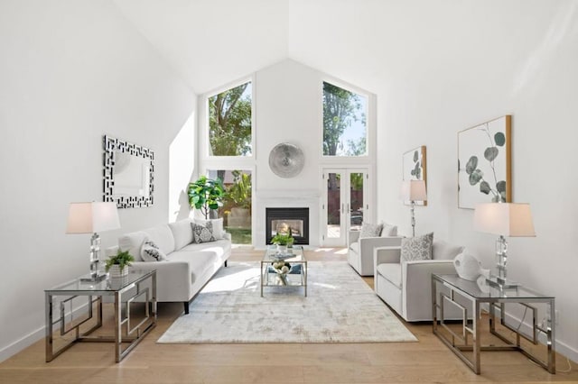 living room with light hardwood / wood-style flooring and high vaulted ceiling