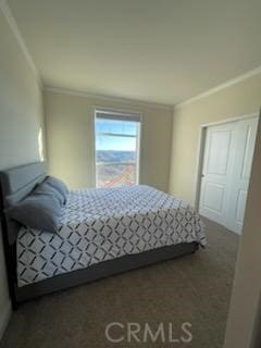 carpeted bedroom featuring crown molding