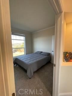 carpeted bedroom featuring ornamental molding