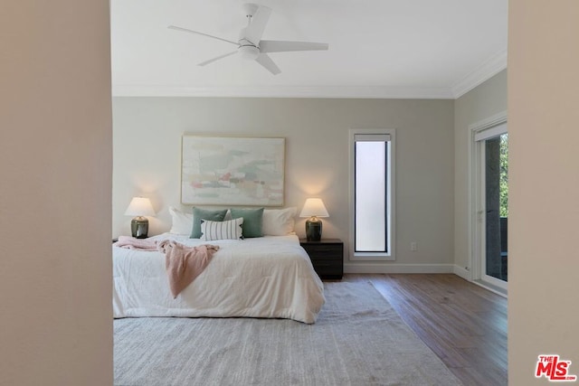 bedroom featuring access to exterior, ceiling fan, crown molding, and light hardwood / wood-style floors