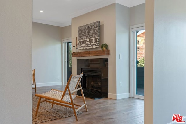 interior space with hardwood / wood-style floors and crown molding