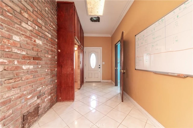 entryway featuring ornamental molding and light tile patterned flooring