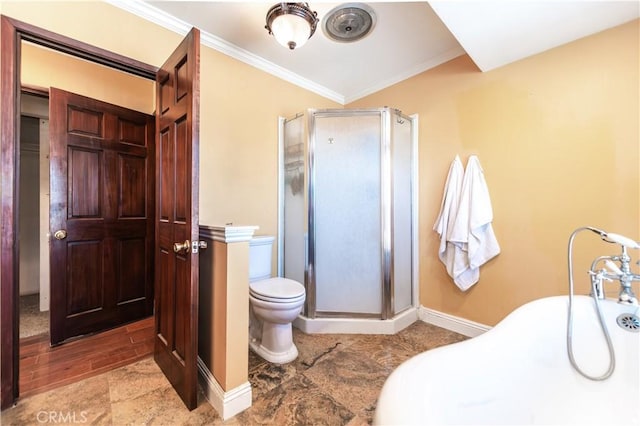 bathroom featuring hardwood / wood-style floors, toilet, an enclosed shower, and ornamental molding