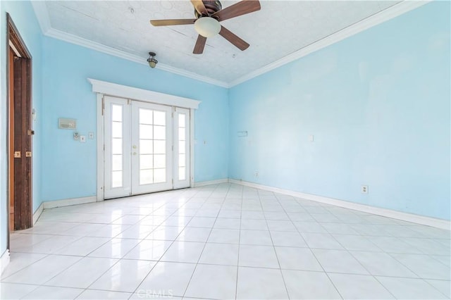 unfurnished room featuring ceiling fan, crown molding, and light tile patterned flooring