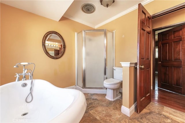 bathroom with hardwood / wood-style flooring, toilet, ornamental molding, and walk in shower