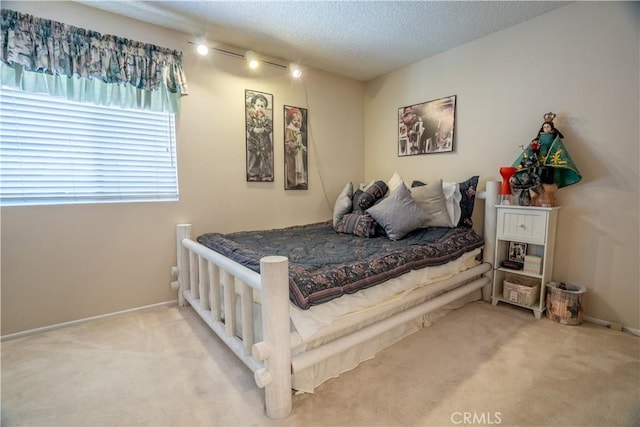 bedroom with carpet flooring, rail lighting, and a textured ceiling