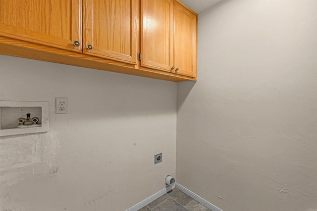 2842 Fonts Point Dr, Borrego Springs, CA 92004 - laundry room with cabinet space, electric dryer hookup, baseboards, washer hookup, and dark tile patterned flooring