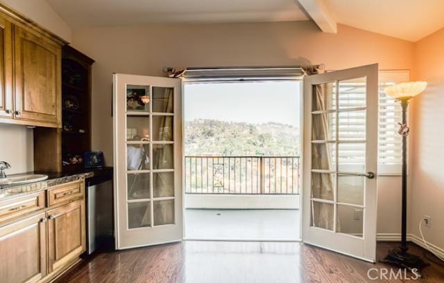 2034 Virazon Dr, La Habra Heights, CA 90631 - doorway with lofted ceiling with beams, sink, dark wood-type flooring, and french doors