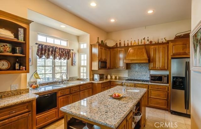 2034 Virazon Dr, La Habra Heights, CA 90631 - kitchen featuring light stone countertops, sink, custom range hood, and appliances with stainless steel finishes