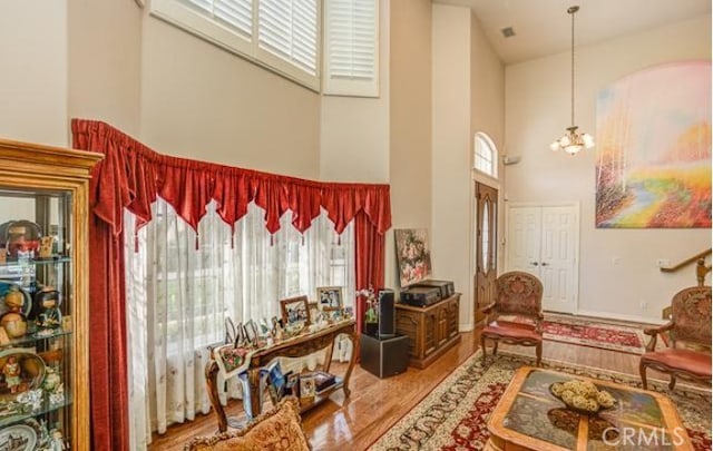 2034 Virazon Dr, La Habra Heights, CA 90631 - interior space featuring a chandelier, wood-type flooring, and high vaulted ceiling