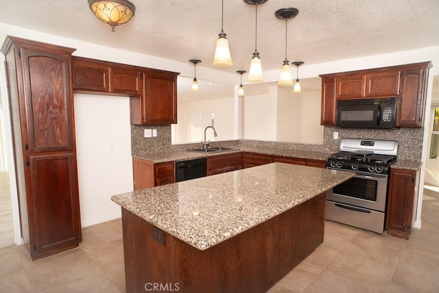 kitchen with sink, hanging light fixtures, backsplash, a textured ceiling, and black appliances