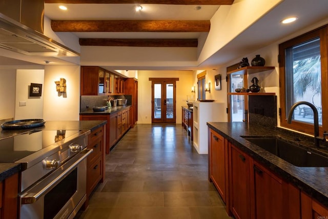 kitchen with island range hood, sink, french doors, a healthy amount of sunlight, and stainless steel range