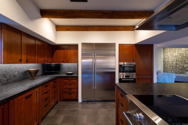 kitchen with stainless steel appliances, beam ceiling, ventilation hood, and tasteful backsplash