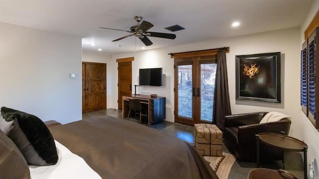 bedroom with ceiling fan and french doors