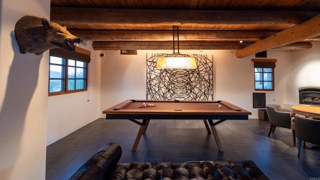 recreation room with billiards, beamed ceiling, and wooden ceiling