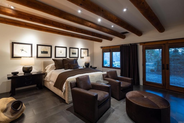 bedroom featuring access to exterior and beam ceiling