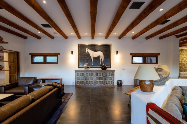 living room with beamed ceiling