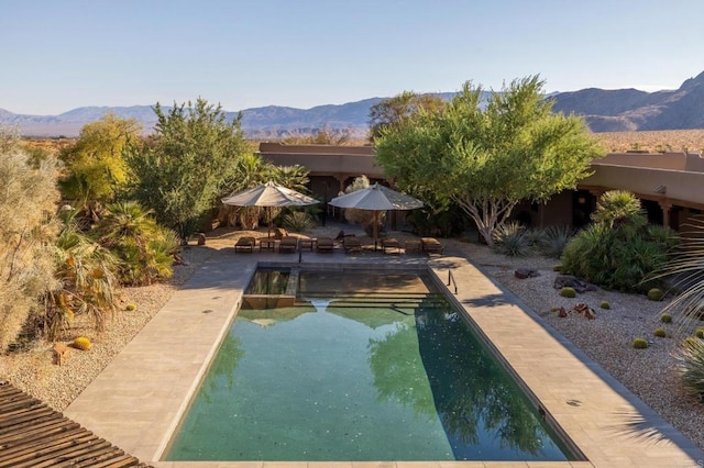 view of swimming pool with a mountain view and a patio