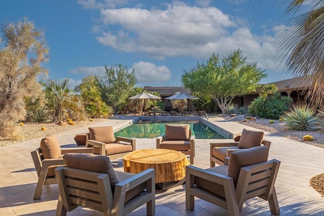 view of swimming pool featuring a patio area and an outdoor hangout area