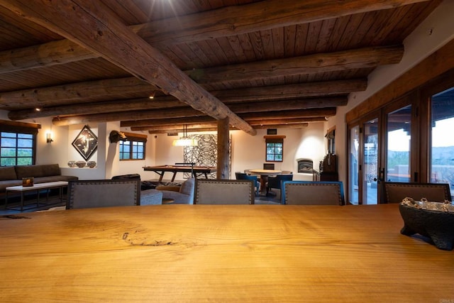 playroom with wooden ceiling and beam ceiling