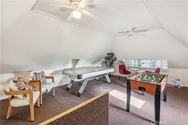 playroom with carpet flooring, ceiling fan, and lofted ceiling