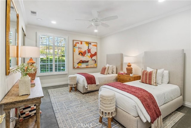 bedroom with ceiling fan and ornamental molding